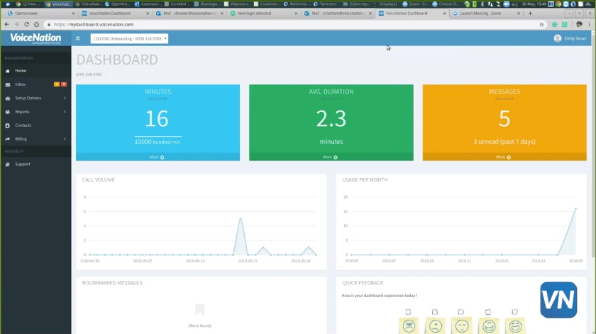 VoiceNation dashboard featuring call volume and usage data.