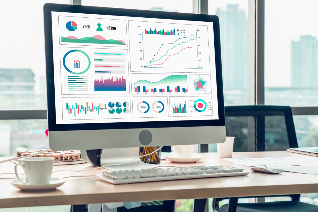 Business data dashboard analysis by computer software.