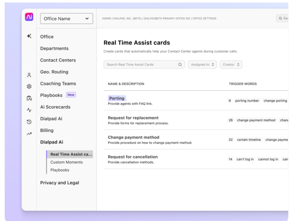 Dialpad Real-Time Assist card in the admin portal.