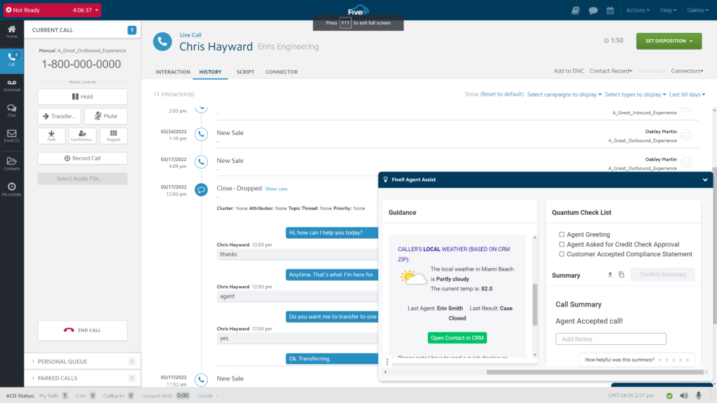 Five9 dashboard with call log and agent assistance.