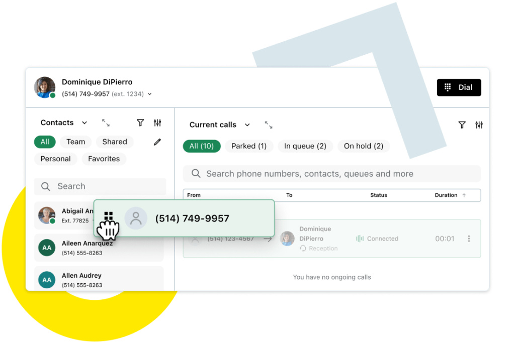 GoTo Connect's attendant console featuring call logs with parked calls, queues, and holds.