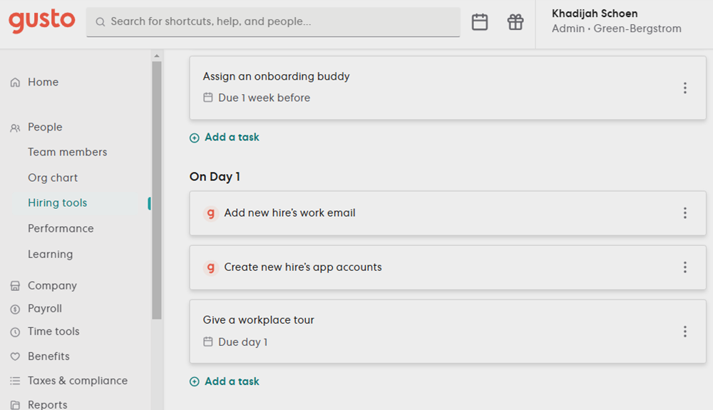 Gusto onboarding checklist with Day 1, On Day 1, and After Day 1 new hire assignments and "add task" buttons after each section.