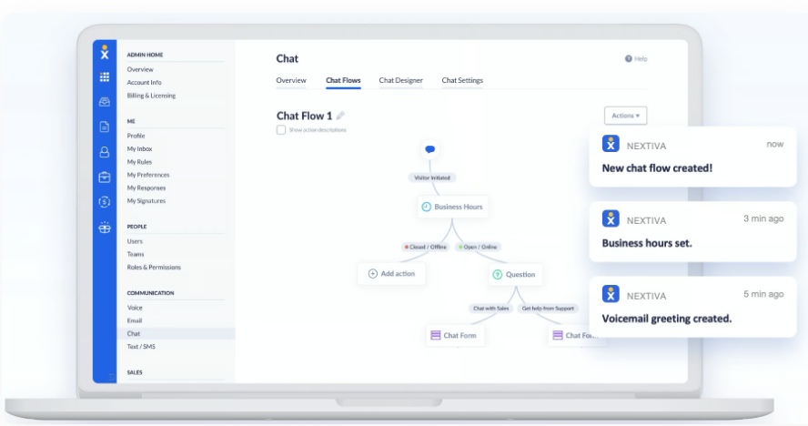 Laptop with a Nextiva admin portal featuring a call flow chart.