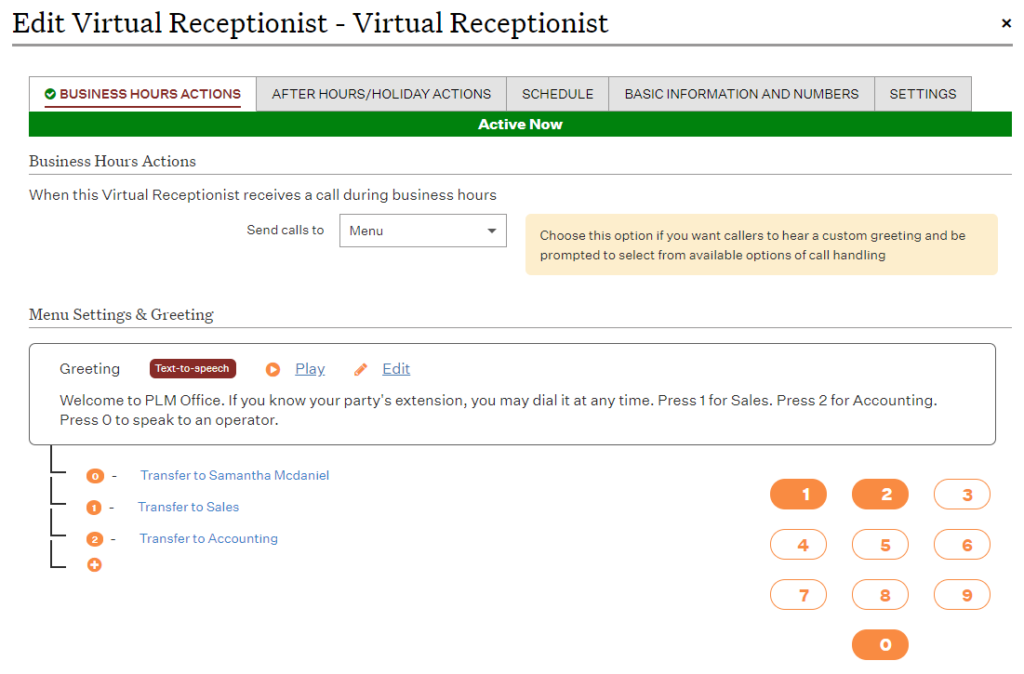 Ooma virtual receptionist editor with business hours and menu options.