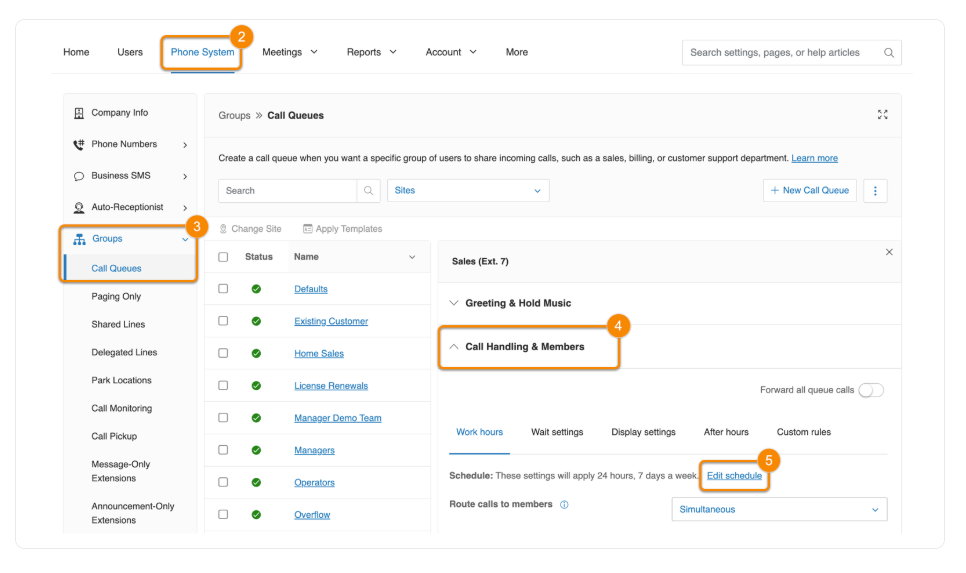 RingCentral call handling instructions with distinct call queues.