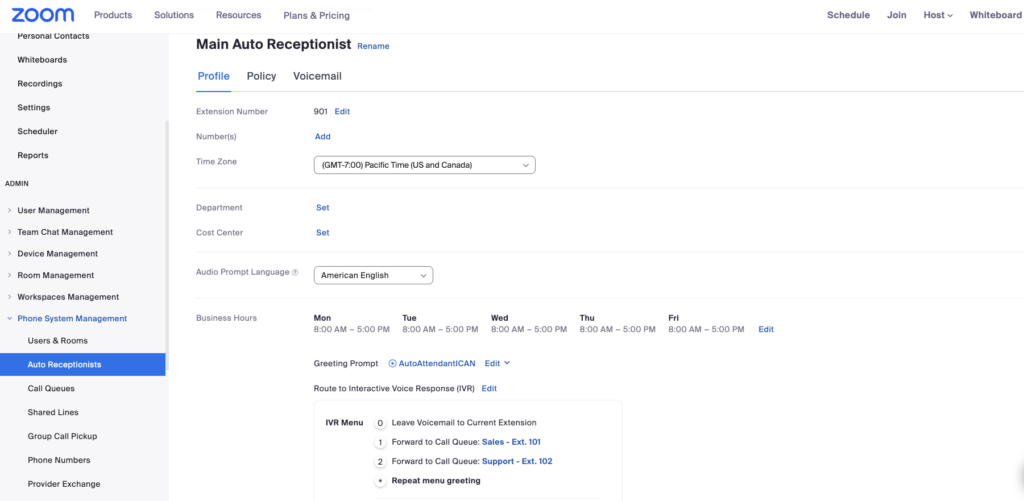 Zoom admin portal with the auto-receptionist profile.