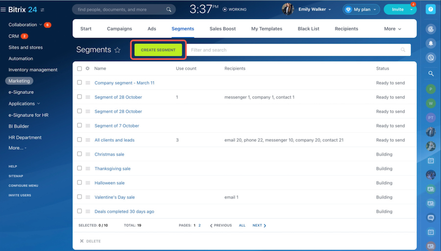 Bitrix24's sample customer segments for marketing campaigns.