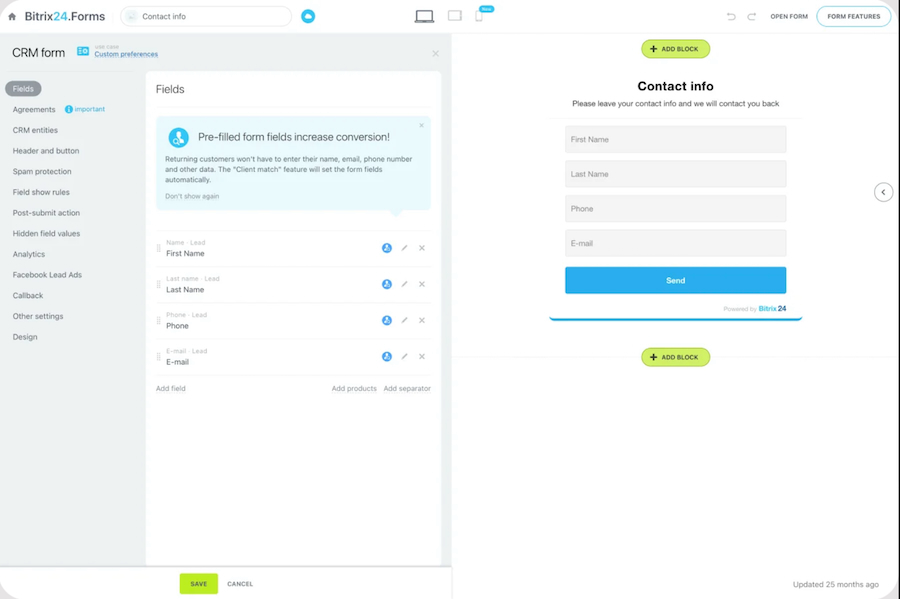 Bitrix24.Forms web form designer for lead capture.