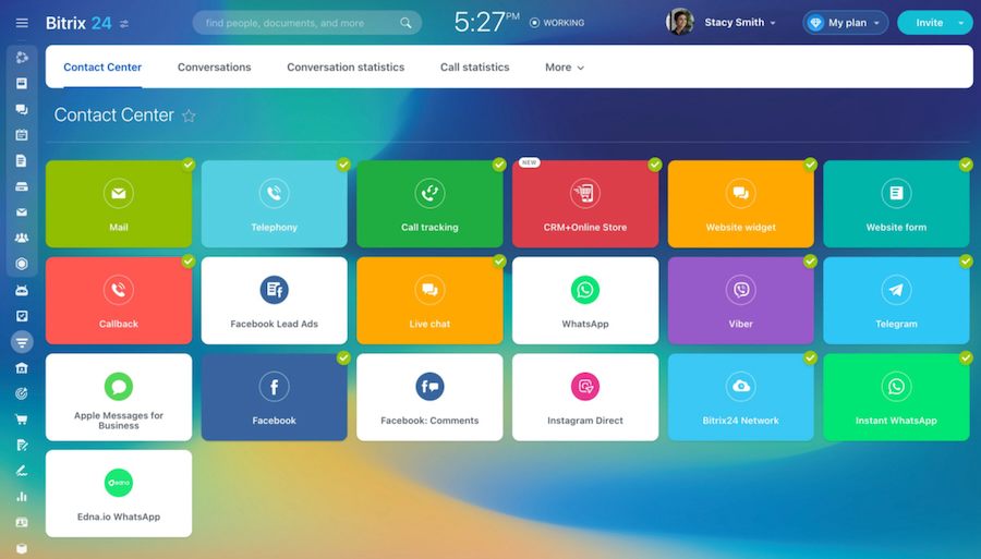 Bitrix24's Contact Center tab for omnichannel customer engagement via multiple channels.
