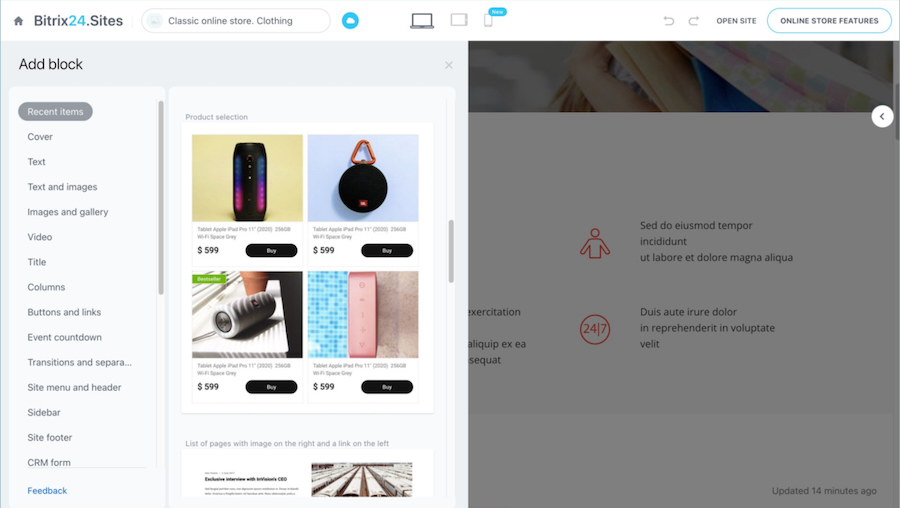 Bitrix24.Sites online store builder with drag-and-drop blocks for layout customization.