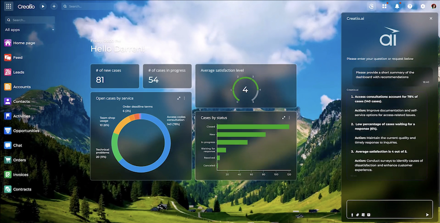 Creatio CRM sample home dashboard with the Creatio.ai tool for AI-powered and no-code automation.