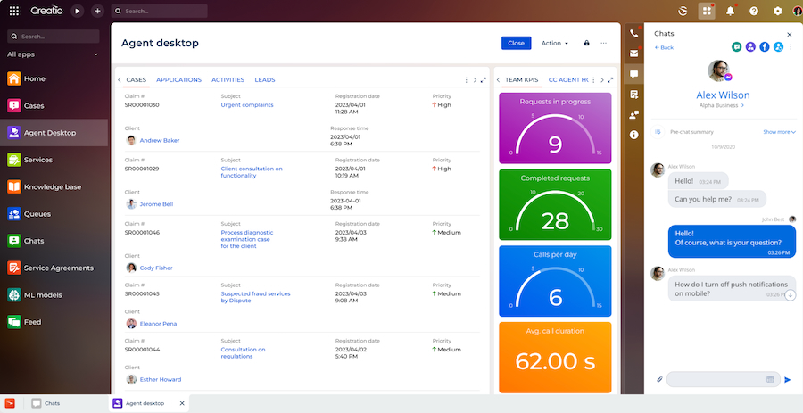 Creatio CRM's service agent desktop with case queue.