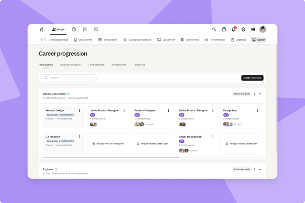 Deel lets you add the competencies and job levels for specific career paths.