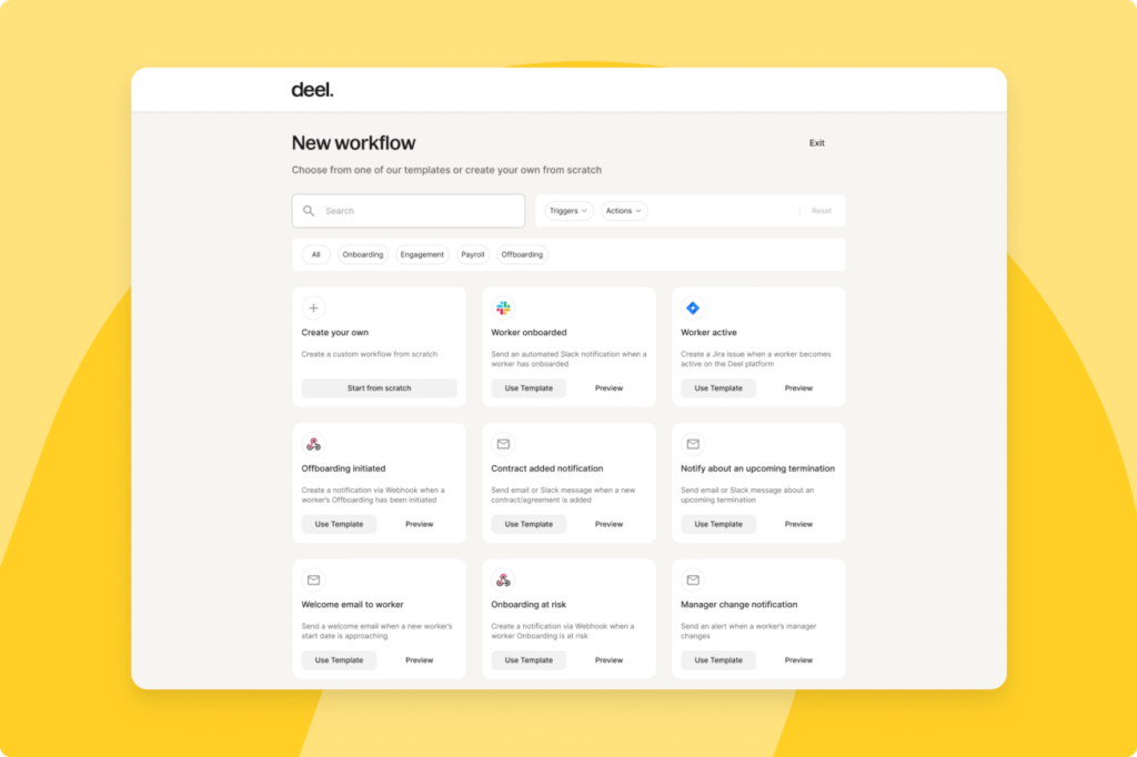 Deel has a library of workflow templates you can use, but you can also create your own. Source: TechnologyAdvice. 