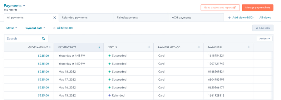 HubSpot CRM's payment management tab in the Commerce Hub.