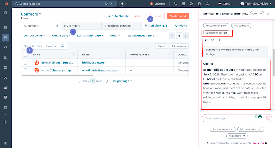 HubSpot CRM's Breeze Copilot AI-powered prompt for contacts.