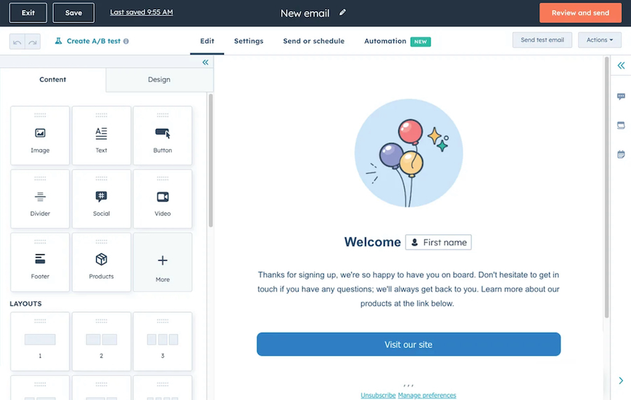 HubSpot CRM's Marketing Hub drag-and-drop email editor with elements for personalization.