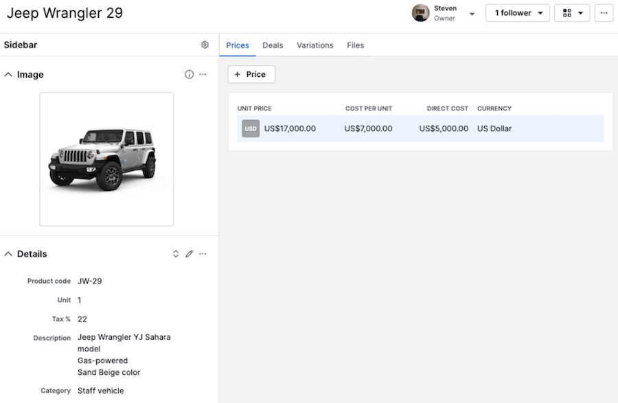 Pipedrive's sample product detail view with image, unit price, cost, and currency.