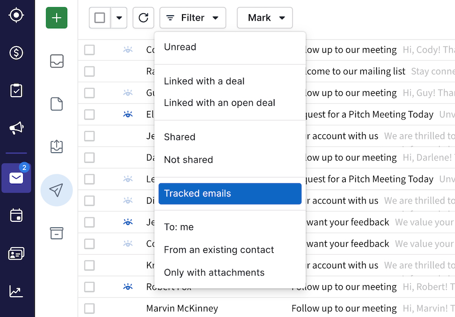 Pipedrive's email inbox showing a list of tracked emails.