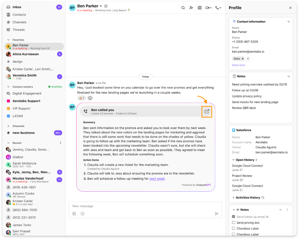 The Dialpad messaging interface displaying a summarized call, user profile panel, and contact list on the left.