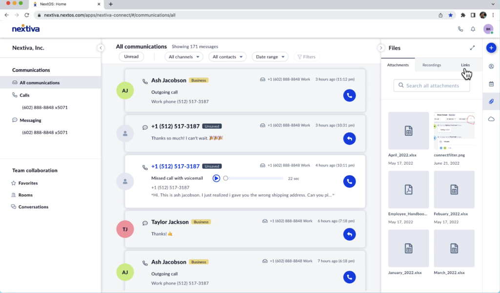 The NextivaONE web interface displaying the communication history and file attachments.