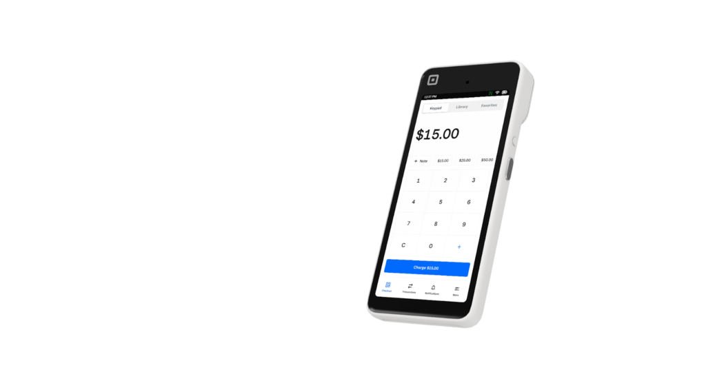 The Square Handheld smart terminal has a compact, mobile-first design with a built-in touchscreen for fast checkout at retail stores, pop-up shops, and events.