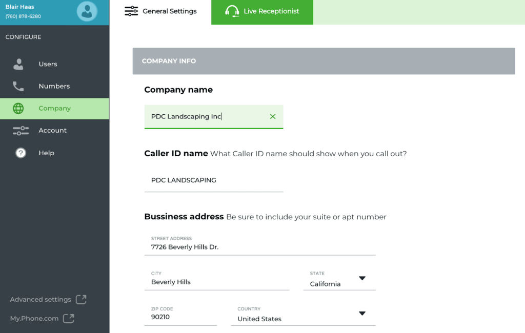 The Phone.com configuration settings for company information.