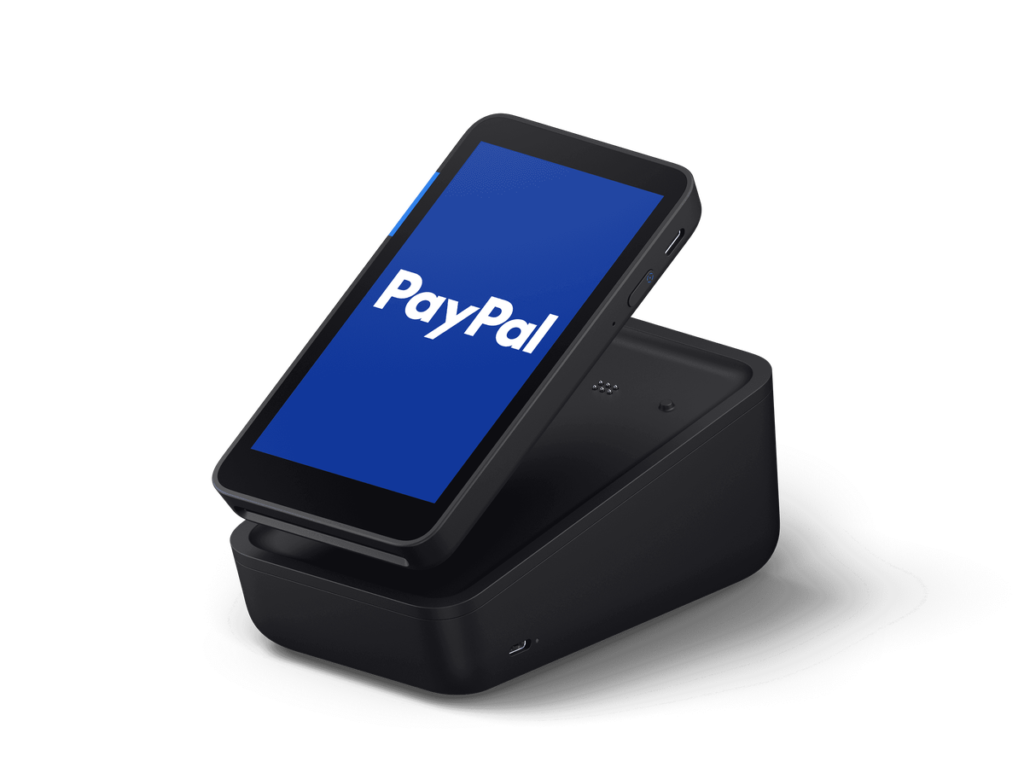 The PayPal POS Terminal has an EMV chip reader, NFC reader, optional barcode scanner, and optional dock with printer.