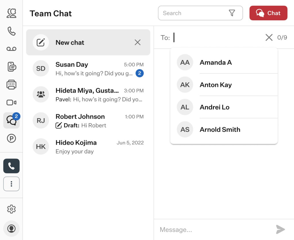 The Ooma team chat interface displaying contacts and conversations.