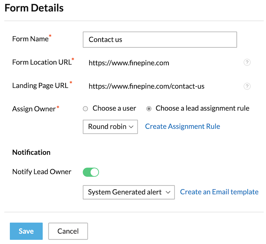 Zoho CRM's web form builder for automatic lead capture.