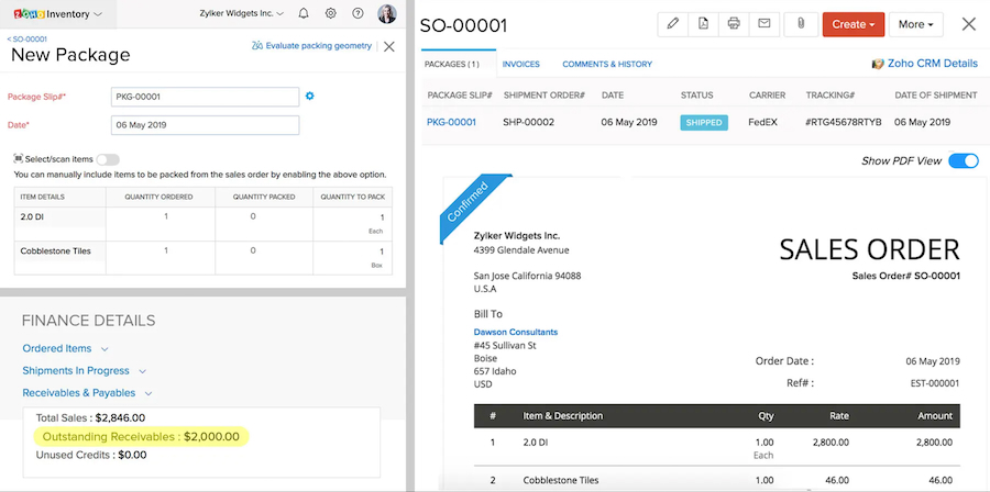 Zoho CRM's Inventory integration for tracking and managing orders.