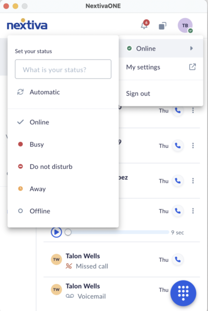 A softphone app screenshot of NextivaONE call logs and presence status options.