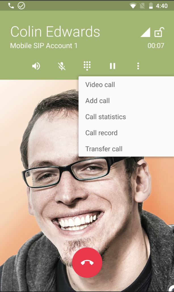 A mobile screenshot of Zoiper active call screen with call handling options.