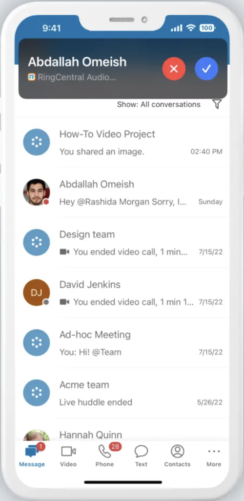 A softphone app screenshot of RingCentral messaging inbox with an incoming call pop-up.