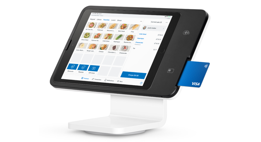 Square's iPad POS system with a swivel stand and card reader