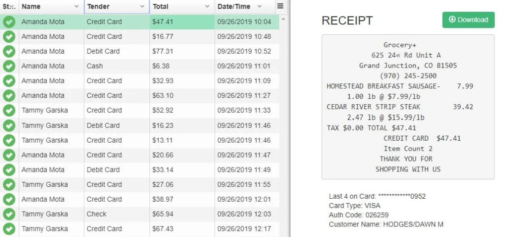 IT Retail transaction list and receipts