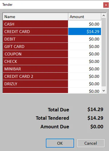 Possible payments methods on mPower POS