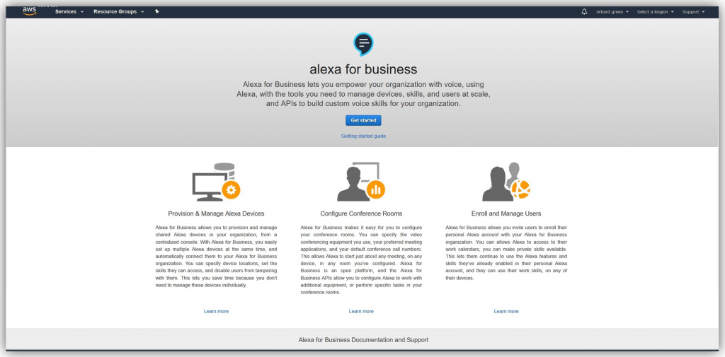 Landing page on Alexa for Business featuring how to access shared devices, conference rooms, and user profiles.