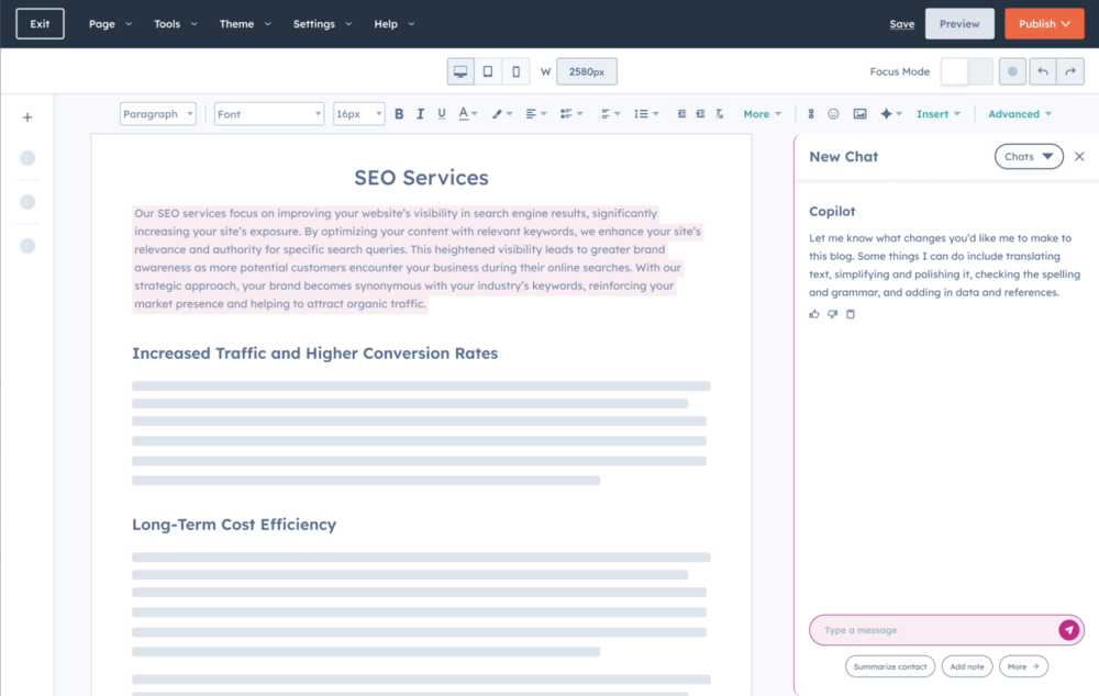 Breeze Copilot assisting in blog editing within HubSpot’s content editor, offering AI-powered suggestions for translation, grammar, and content enhancement.