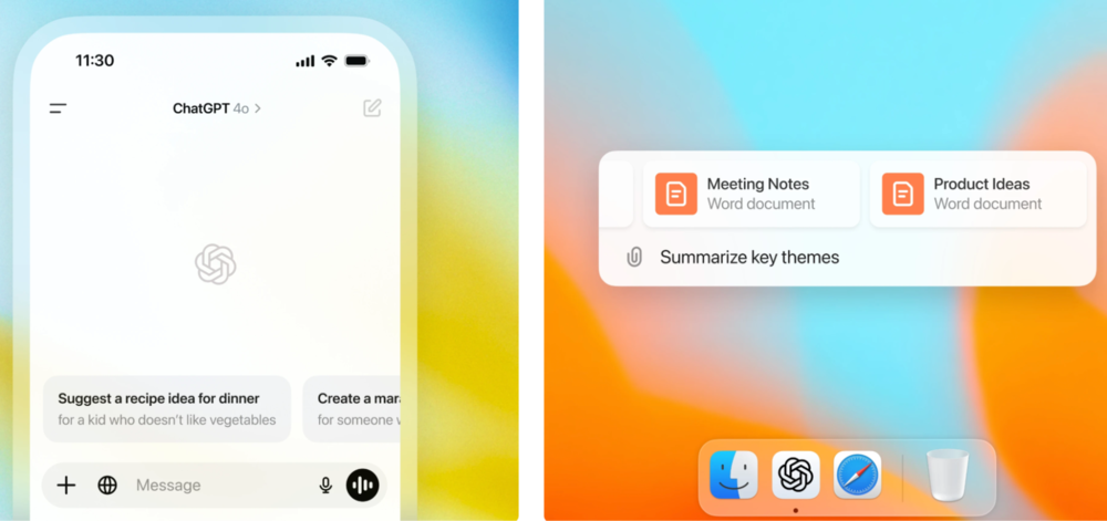 ChatGPT 4o mobile interface showing AI suggestions and quick actions for recipe and marketing ideas.