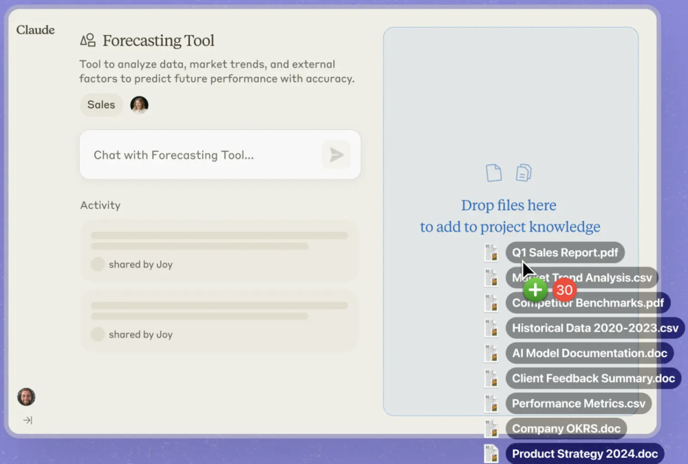 Claude AI forecasting tool interface analyzing business files and documents with drag-and-drop support.
