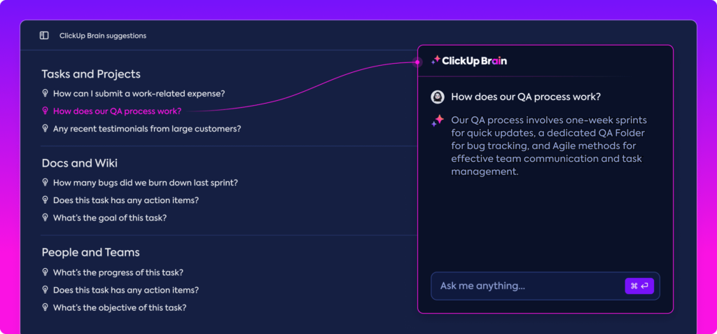 Interactive conversation with ClickUp Brain focused on quality assurance.
