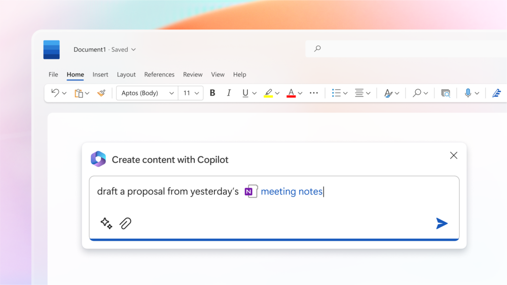 Copilot in Microsoft Word drafting a business proposal from OneNote meeting notes, demonstrating real-time content generation within the document.