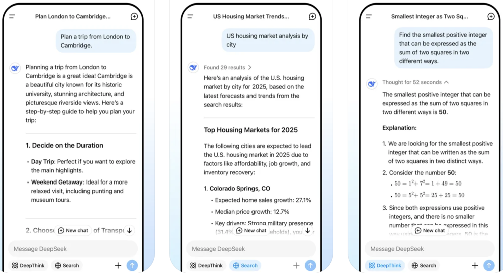 DeepSeek AI mobile app providing trip planning, housing market analysis, and math explanations.