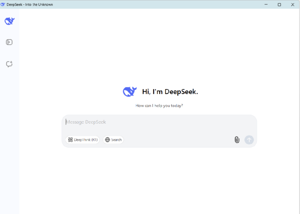 DeepSeek desktop app showing chat interface with options for DeepThink and web search tools.