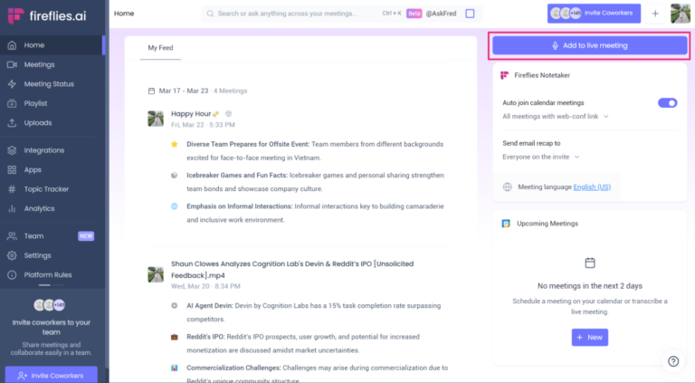 Fireflies.ai notetaker app with meeting notes and scheduling.