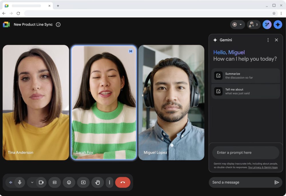Gemini AI sidebar assisting during a Google Meet call by summarizing and analyzing the discussion.