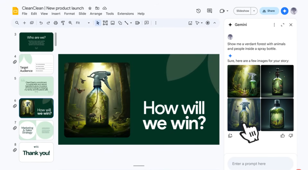 Gemini AI integrated in Google Slides generating custom AI images for a marketing presentation.