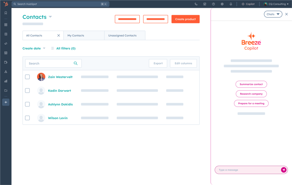 HubSpot CRM interface with Breeze Copilot sidebar showing contact management options like summarizing contacts, researching companies, and meeting prep.