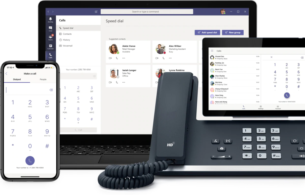 Microsoft Teams Phone System displayed on mobile phone, laptop, desk phone, and tablet showing calling features.